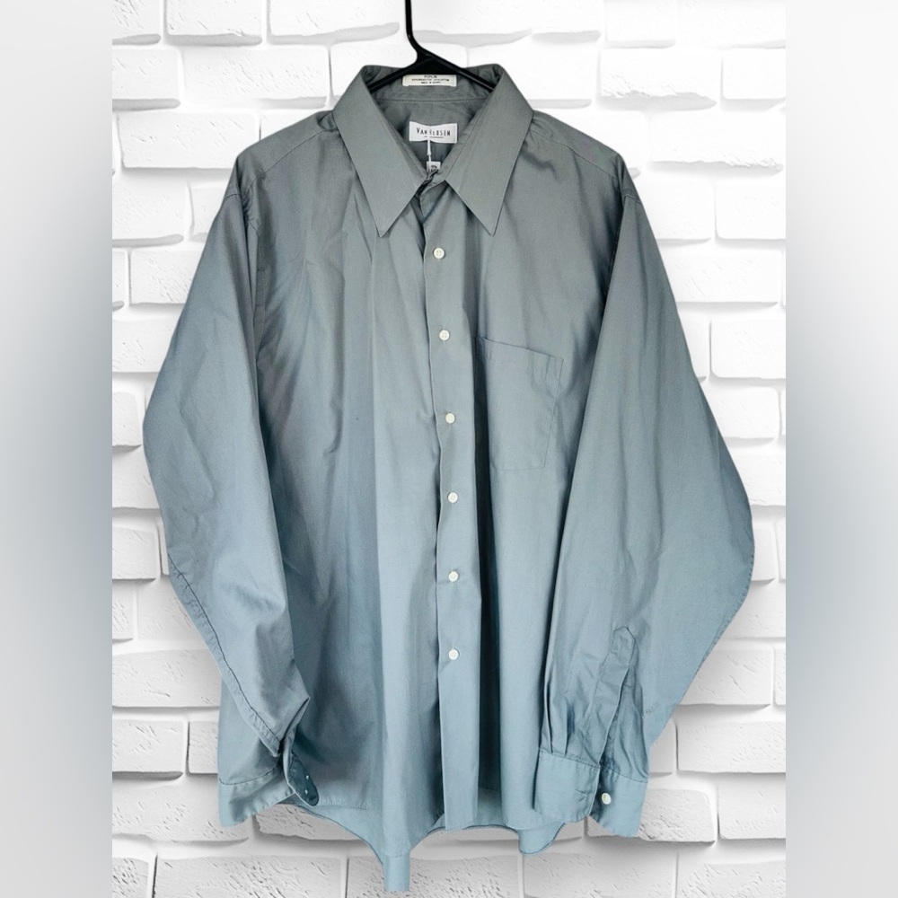 Van Heusen Men’s 17.5 36/37 Silver Long Sleeve Button Down Casual Poplin Shirt